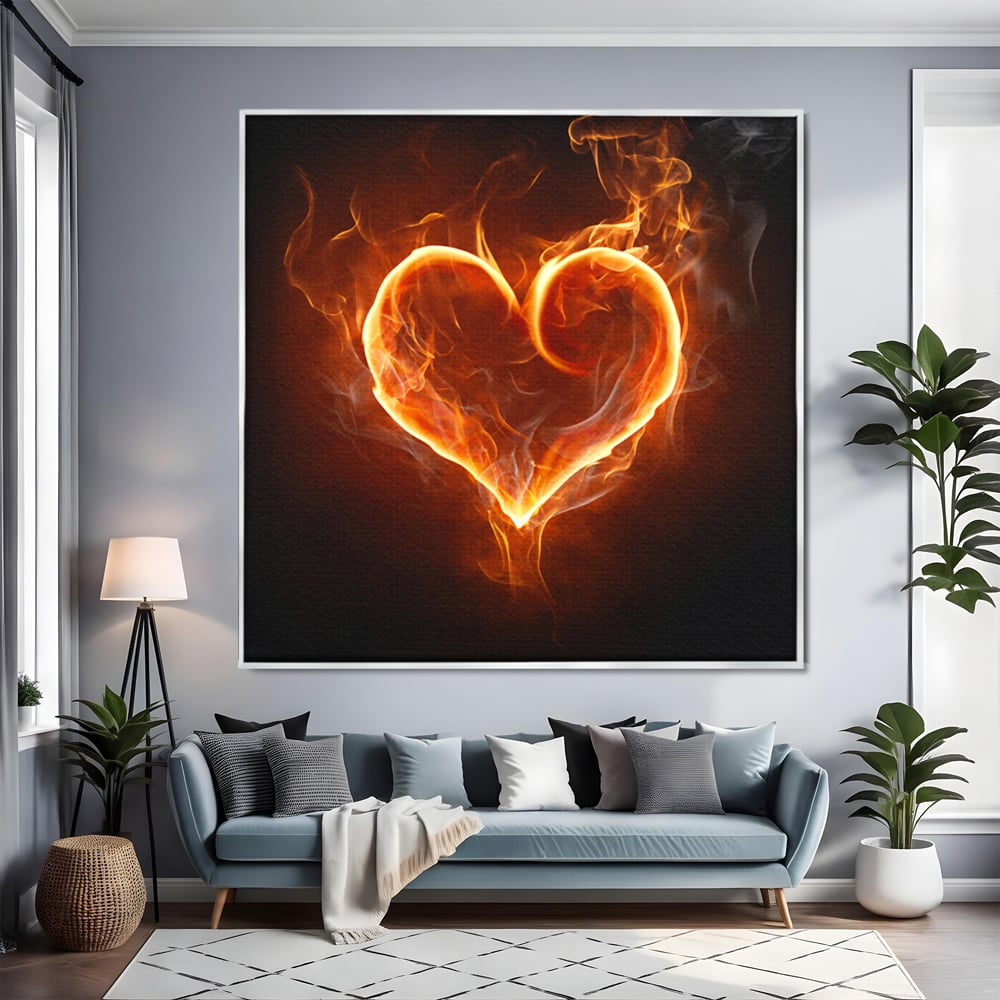 Tablou canvas cu tablou canvas cu inima in flacari, in rama de aluminiu argintiu, pe perete intr-un living